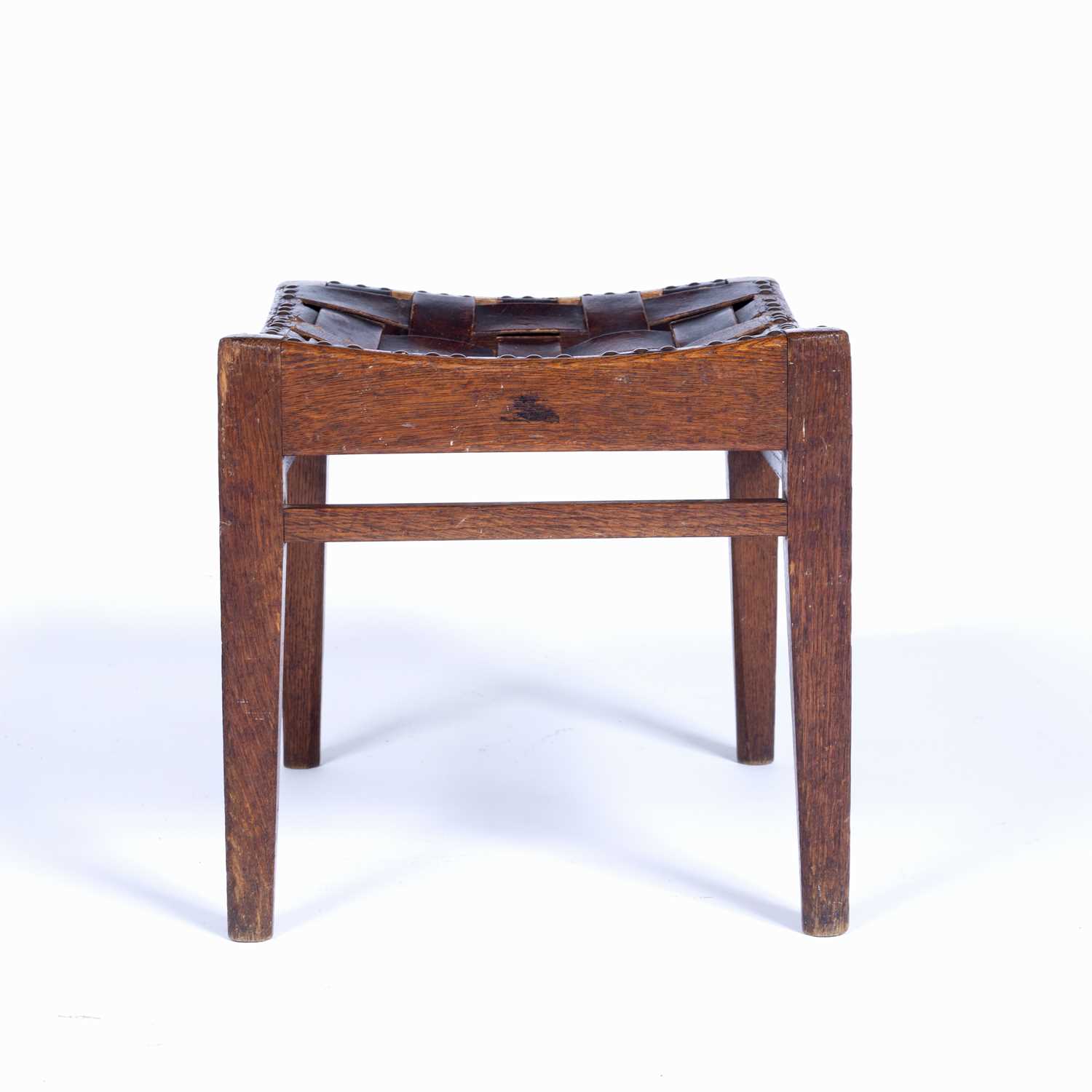 Arthur Simpson (1857-1922) of Kendal Arts and Crafts oak stool, with interwoven leather straps, - Image 4 of 7