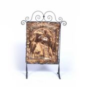 Arts and Crafts copper fire screen, decorated with heron motif on wrought iron frame, unmarked, 79cm