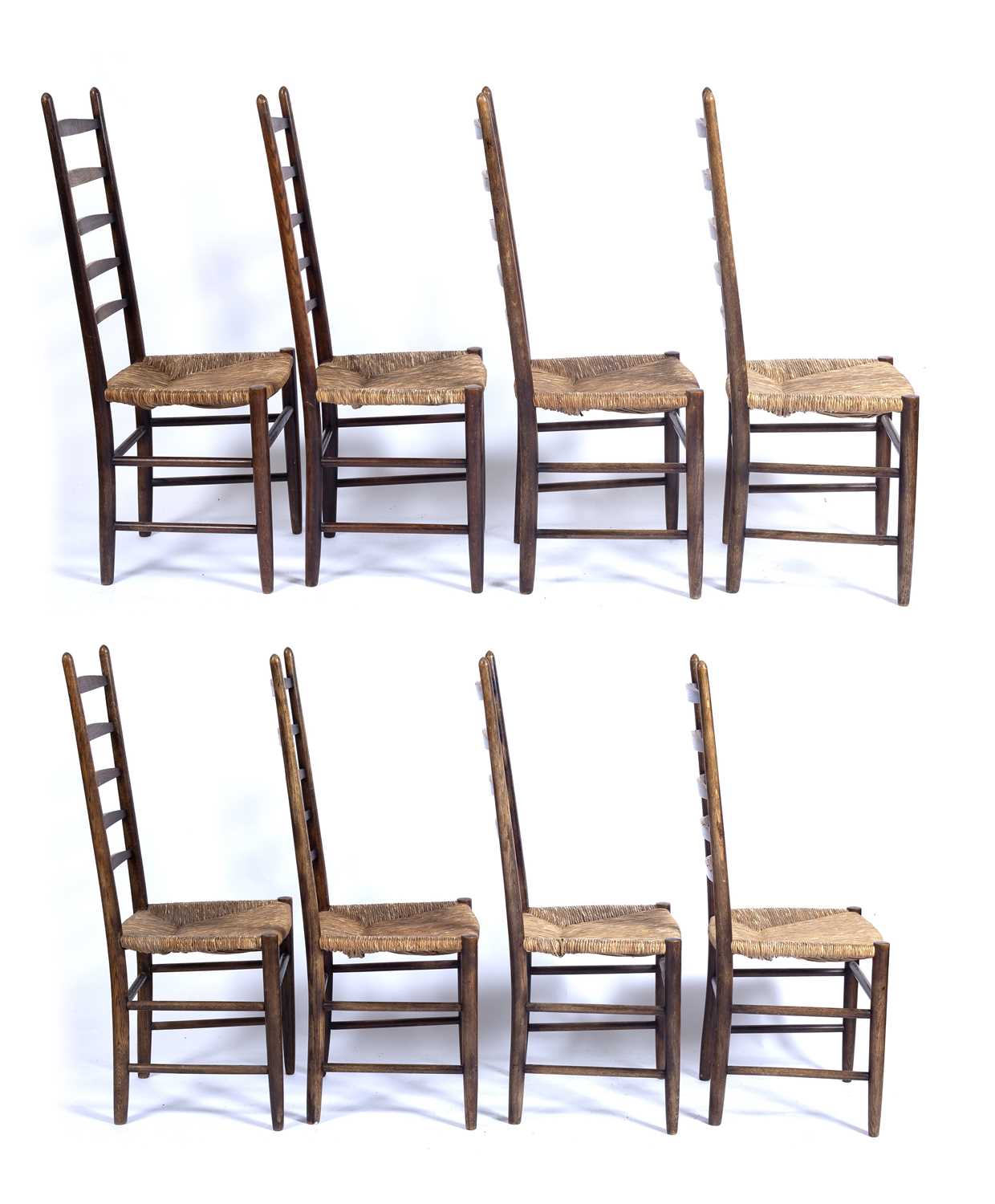 Arts & Crafts set of eight oak ladderback dining chairs with raffia seats, unmarked, 110cm high (8) - Image 9 of 9