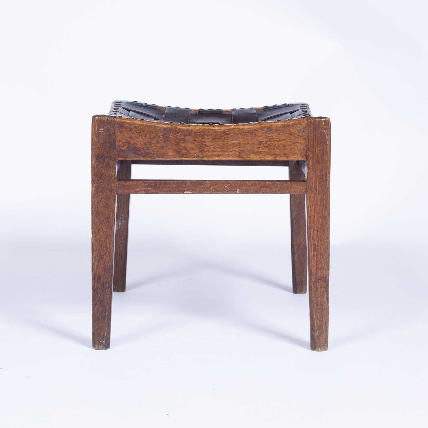 Arthur Simpson (1857-1922) of Kendal Arts and Crafts oak stool, with interwoven leather straps, - Image 2 of 7