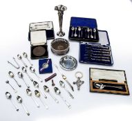 Selection of silver and silver-plated ware including: cake knife, spoons, cased silver handles