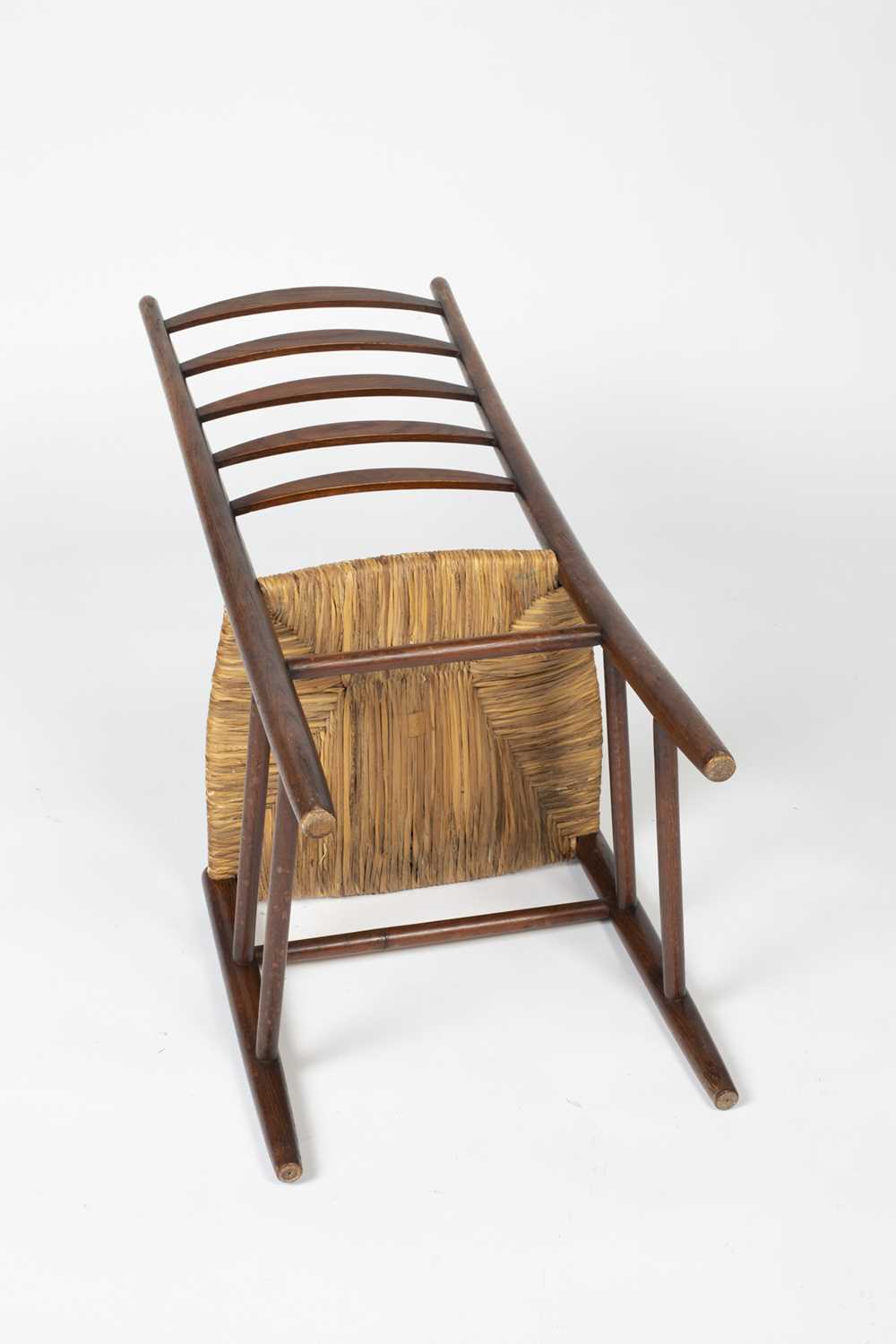 Arts & Crafts set of eight oak ladderback dining chairs with raffia seats, unmarked, 110cm high (8) - Image 5 of 9