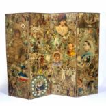 20th Century four folding screen or room divider with decoupage decoration of a Victorian theme,