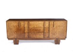 W. H Russell for Gordon Russell 'Heythrop' walnut and root ash veneer sideboard, copper plaque to
