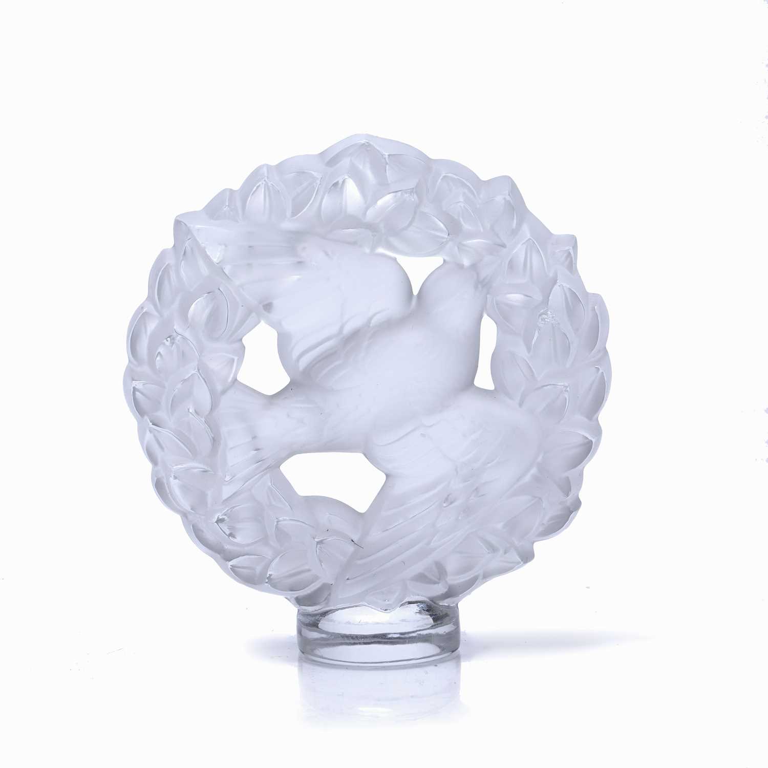 René Lalique (1860-1945) 'Pax dove in wreath' glass paperweight, signed 'Lalique France' to the