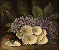 Oliver Clare (1853-1927) 'Still life study of purple and white flowers' oil on panel, signed lower