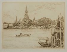 M Deja (Contemporary) 'Vat Arun, Bangkok' etching, numbered 77/300, signed in pencil lower right,