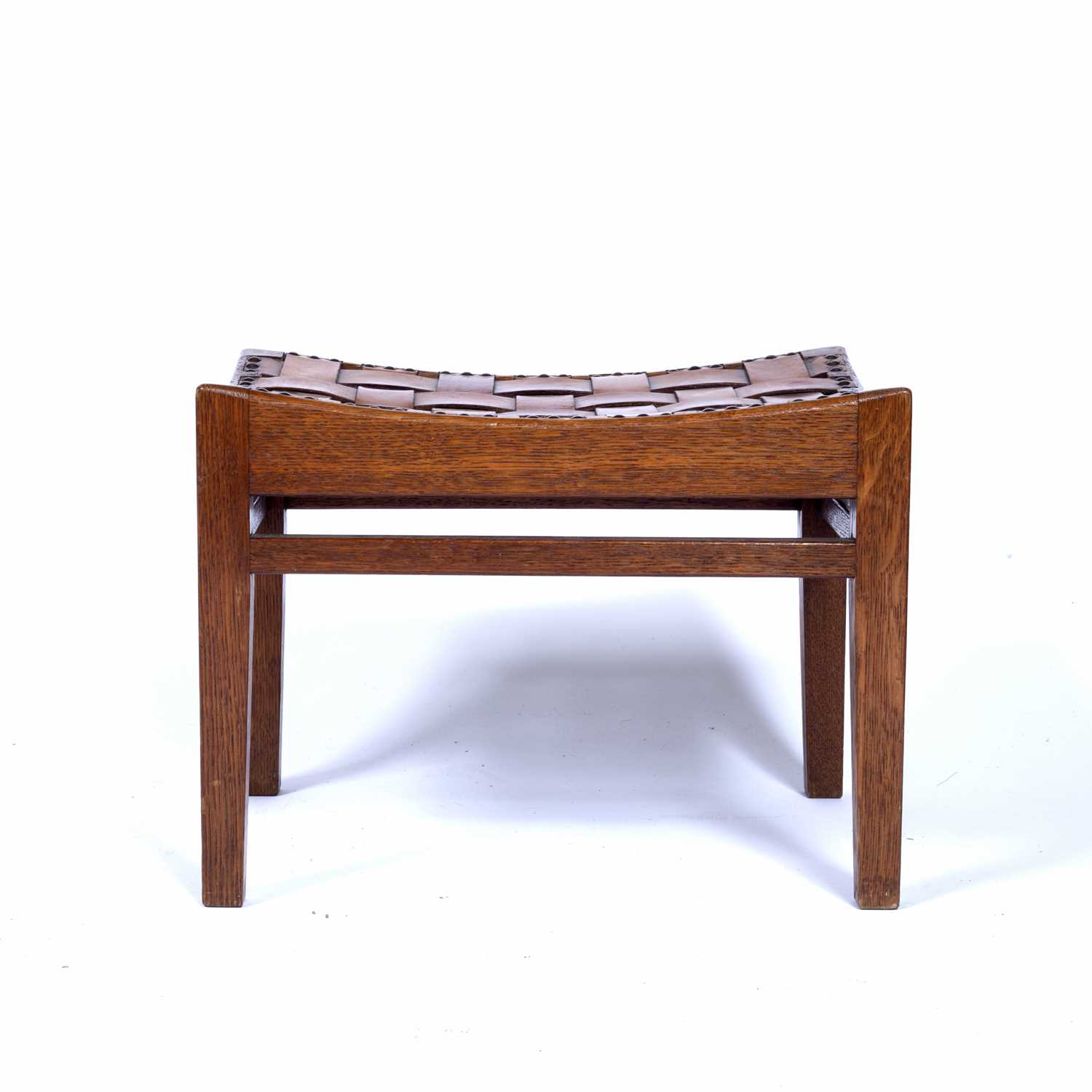 Arthur Simpson (1857-1922) of Kendal Arts and Crafts oak stool, with interwoven leather straps, - Image 3 of 6