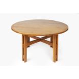 Cotswold School oak circular centre or dining table, unmarked, 123cm x 73cm Provenance: By repute,