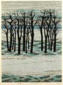 Fumio Fujita (b.1933) 'Untitled trees in a landscape' Japanese woodblock print, numbered 151/200,