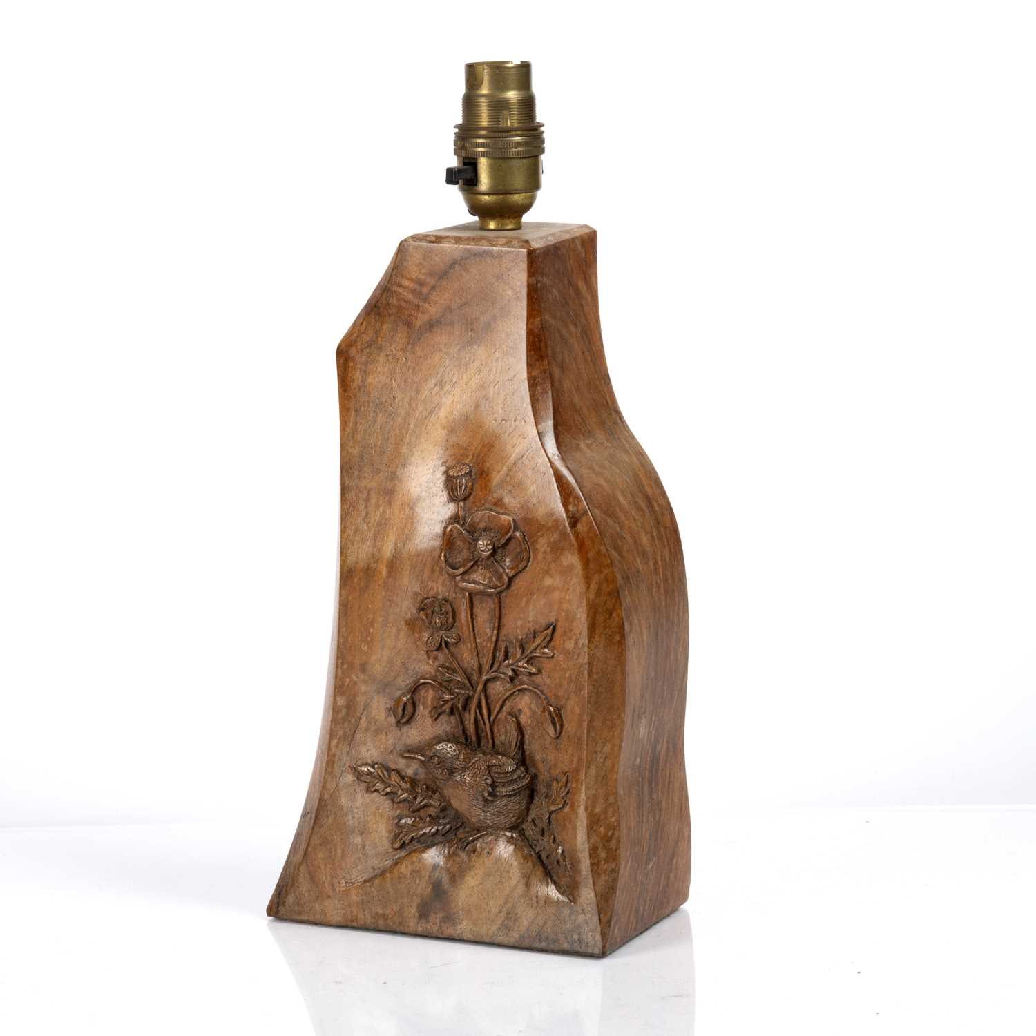 Cotswold School walnut carved table lamp, decorated with a wren motif, unsigned, 31cm high - Image 2 of 3