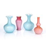 Thomas Webb of Stourbridge Four satin glass vases, two pink examples, one measures 19cm high, the