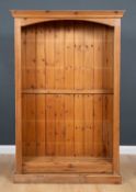 A modern pine open front bookcase with five adjustable shelves, 115cm wide x 35cm deep x 183cm