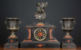 A 19th century continental slate Garniture du Cheminee, the slate clock with engraved painted dial