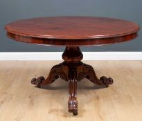 An early Victorian circular mahogany tilt top breakfast table 124cm diameter x 75cm highCondition