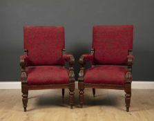 A pair of late 19th century upholstered open armchairs with mahogany frames, each 58cm wide x 63cm