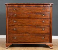 A 19th century mahogany chest of five long drawers raised on ogee bracket feet, 125.5cm wide x