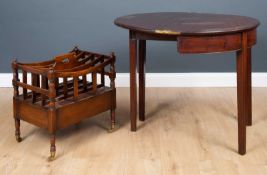 A George III mahogany demi-lune fold over tea table with fluted square tapering legs, 89cm wide x