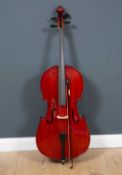 A cello, 130cm in length together with a bow and caseCondition report: At present, there is no
