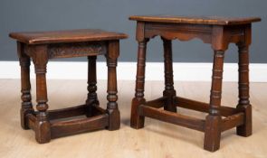 Two 17th century style oak joint stools the largest 48.5cm wide x 49cm highCondition report: Minor