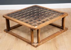 A pine square coffee table with a glass top, 80cm wide x 80cm deep x 31cm highCondition report: Some