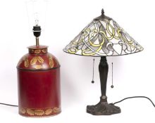 A red and gilt painted Toleware lamp 37cm high excluding the base together with a Tiffany style