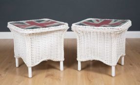 A pair of Lloyd Loom style square occasional tables with inset glass tops, 53cm square x 51cm