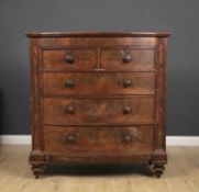 A Victorian mahogany bow fronted chest of two short and three long drawers with turned knob