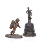 Bronze Italianate bell 18cm, and a bronze spill holder in the form of a cupid carrying a basket,
