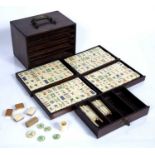 Bone and bamboo mah-jong set in case Chinese, circa 1880/1900, with scoring sticks, dice, tong box