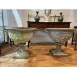 Pair of reconstituted urns of classical form, each on a pedestal base, 78cm at widest, 70cm high