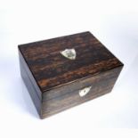 Coromandel workbox 19th Centuty, with mother of pearl shield escutcheon and plaque with fitted