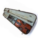 Violin and case with scroll sound holes and horsehair bow, with a fitted case, violin 59.