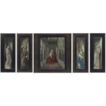 After Jan van Eyck (1380-1441) The Dresden triptych, print in an ebonised frame,115cm x