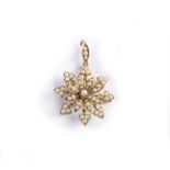 Victorian pendant/brooch seed pearls and diamonds in yellow precious metal mounts, unmarked, 7g