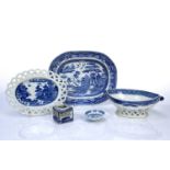 Group of Staffordshire and other transfer-printed ceramics to include a fruit basket and stand,