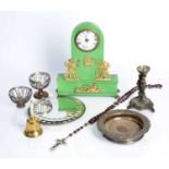 Group of objects to include a French painted clock, a bronze candle stick with stylized elephant