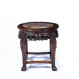 Chinese rosewood and marble jardiniere stand with carved border and supports, 50cm diameter x 45cm
