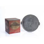 Pewter plate warmer engraved with huntsman and with touch marks, 37cm and an old large tin 'The