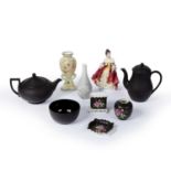 Group of English ceramics to include a three piece Wedgwood basalt teaset, a Royal Worcester vase