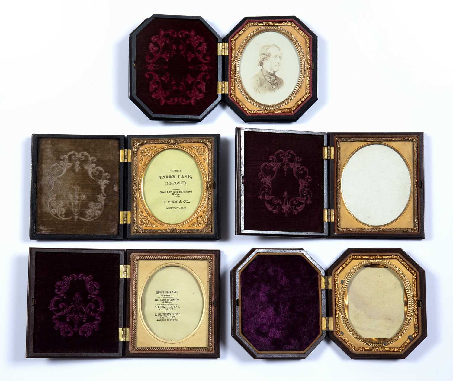 Five union cases all of sixth plate size, comprising of a Masonic emblem case by Peck & Co, a - Image 2 of 2