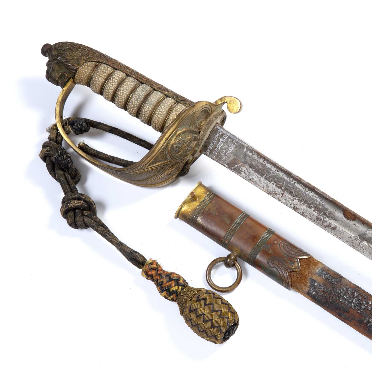 Naval dress sword by J W Taylor of Chatham, in a leather metal scabbard and outer caseCondition - Image 3 of 14
