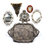 Collection of pieces including a large plated tray, 74cm across, a pair of brass mirrors, 40cm high,