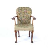 Walnut open small armchair George I style, with tapestry seat and back, 64cm wide x 90cm