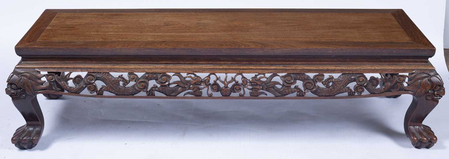 Carved hardwood low table Chinese, with dragon carved decoration, 116cm x 45cm, 31cm highCondition - Image 4 of 13