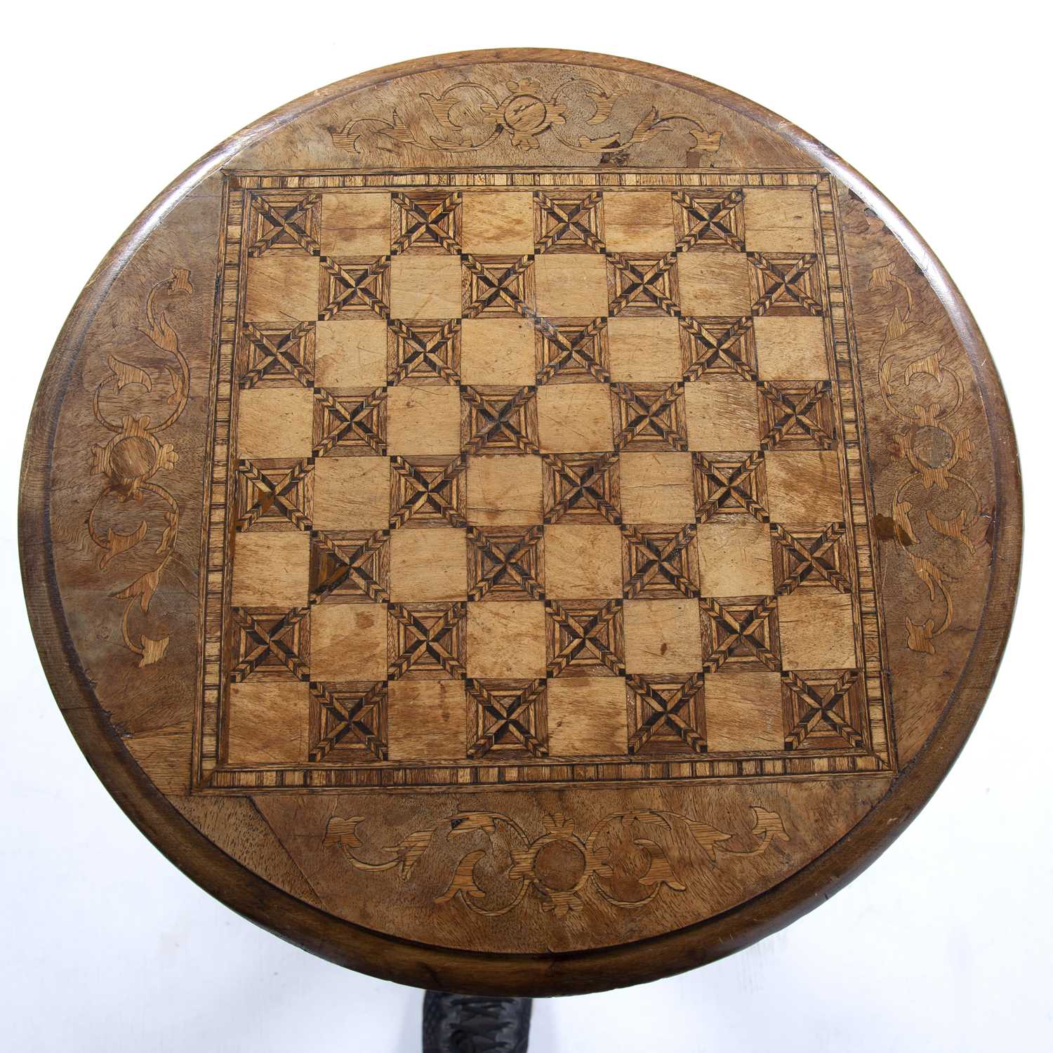 Walnut and inlaid circular sewing table Victorian, with chessboard top, 45cm across x 76cm - Image 3 of 3