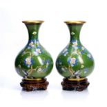 Pair of contemporary Chinese cloisonne enamel vases with bird amongst branches decoration on green