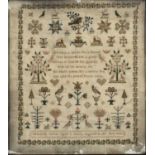 19th Century needlework sampler by Elizabeth Carter, August 1838, worked in coloured threads,