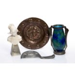 Group of Art Nouveau pieces to include a copper bowl with Yorkshire rose embossed to the centre 27.