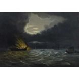 19th Century English School A frigate on fire with attendant vessels in moonlight, oil on canvas,